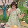 Bubble sleeves floral dress women's summer waist square neck tutu skirt on the run princess style short sweet temperament skirt