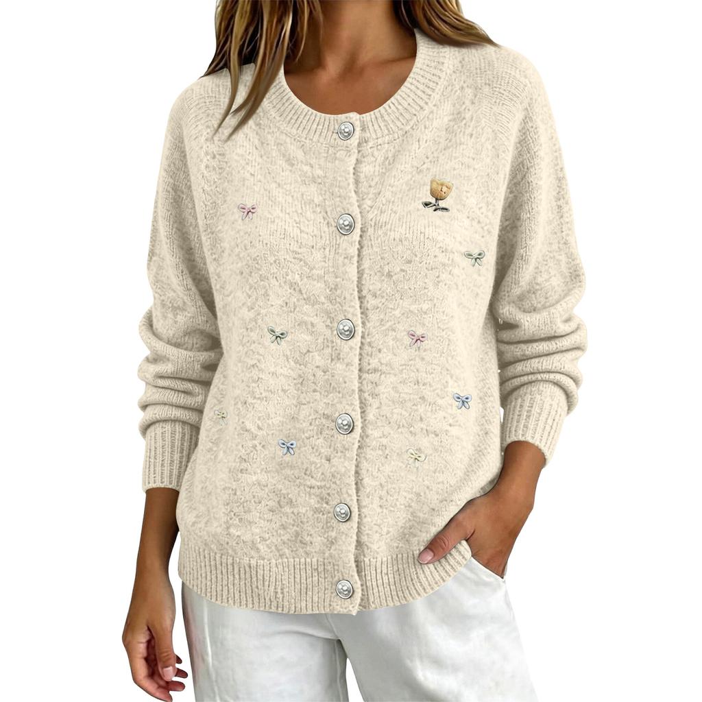 Damenmode Applikation Einreiher Strickjacke Pullover