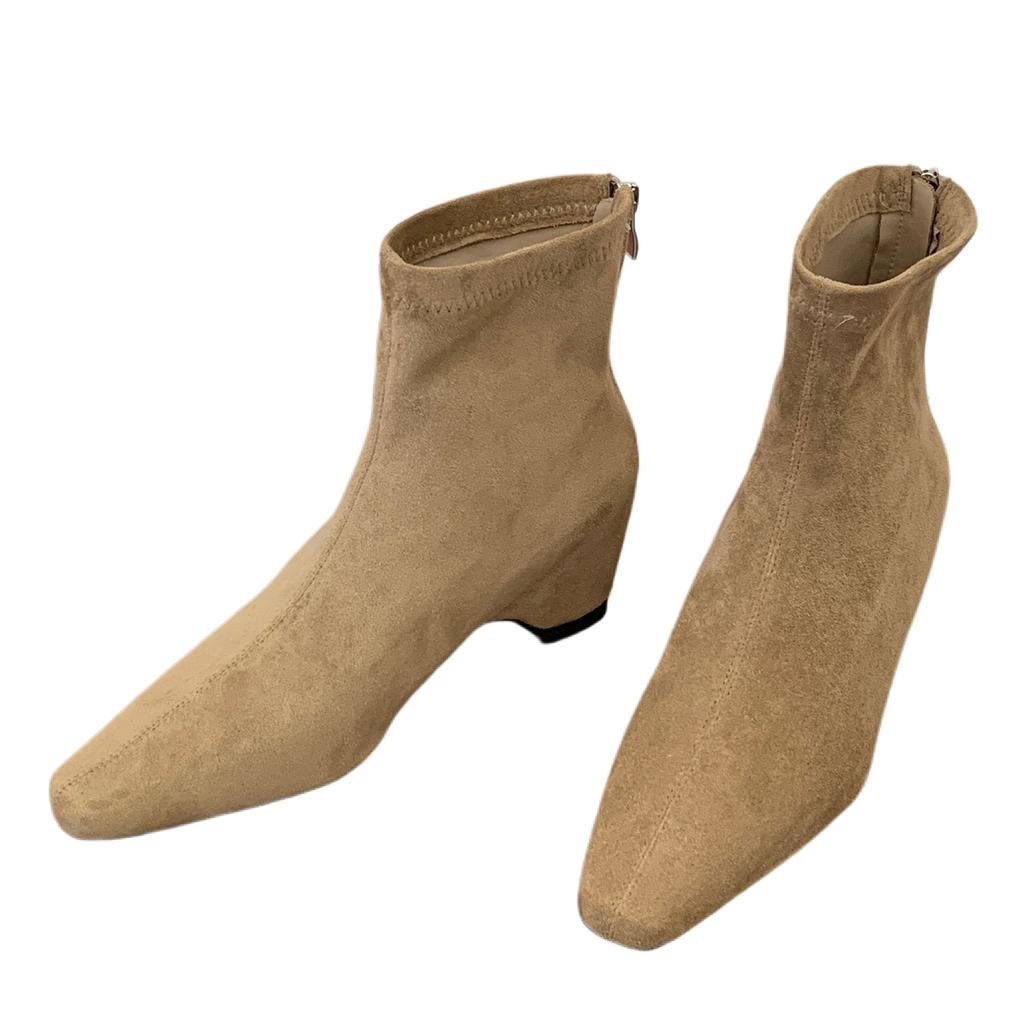 Early autumn square head slope heel suede short boots feeling Maillard thin rear zipper with skirt denim wide pants