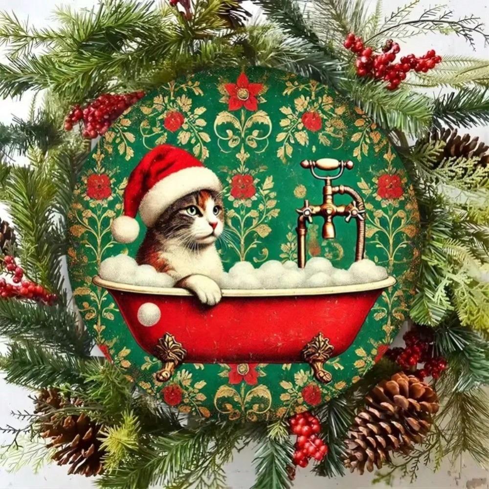 Vintage Christmas Cat Santa Hat Iron Tin Wall Art Metal Plaque Home Decor Gift