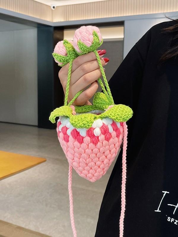 Cute Girl Strawberry Mini Woolen Bag With Snap Closure For Daily Use