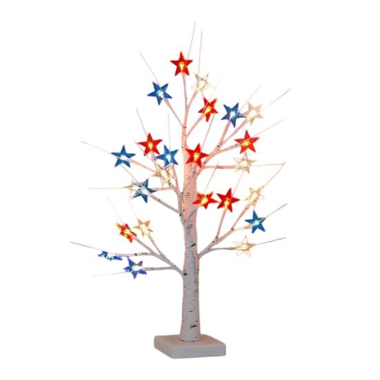 

4th of July Decorative Lights Patriotic Tree Ornaments 18 Inch Tabletop Decor with 24 Red White Blue LED Star Lights 45cm Battery теплый белый