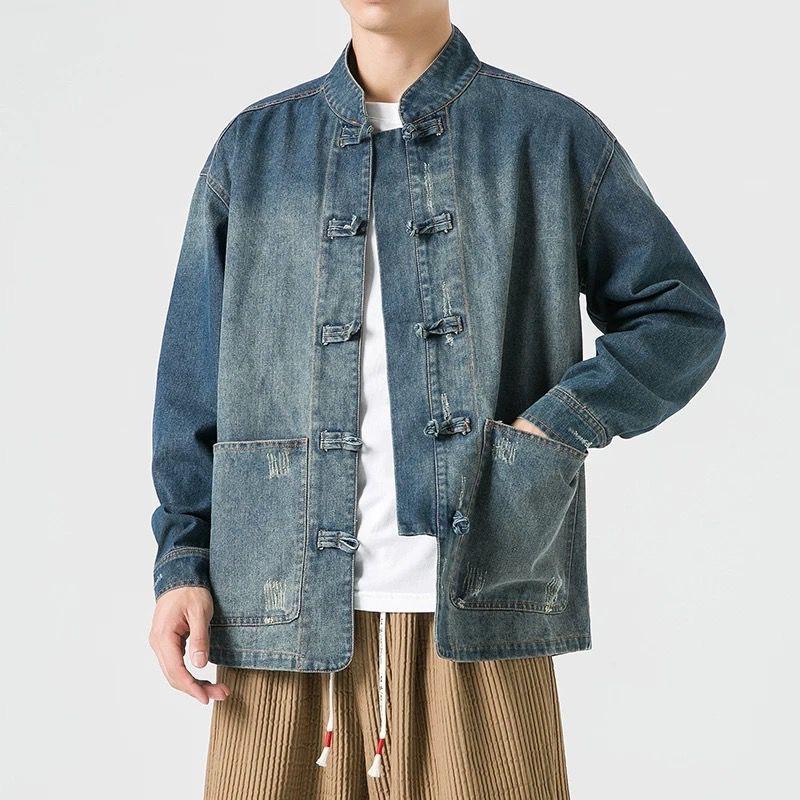 

Retro Chinese Style Washed Denim Jacket for Men Spring Autumn Long Sleeved Stand Colla Fashion Vintage Ethnic Shirts Coat S озеро синього кольору
