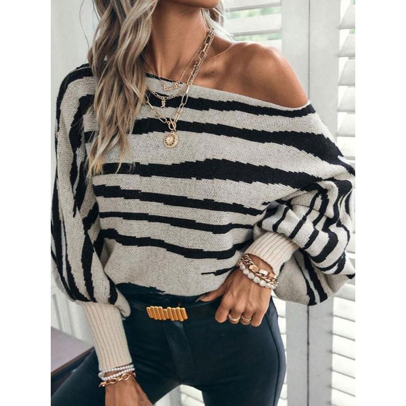 New Fall Winter Women Fashion Sweater Loose Style Slash Collar Batwing Sleeve Zebra Color Block Pullover Jumper Knitwear