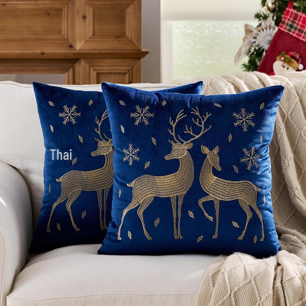 Reindeer Christmas Pillowcase, Winter Snowflake Embroidery Cushion Cover 45x45cm, Cross-border Bestseller
