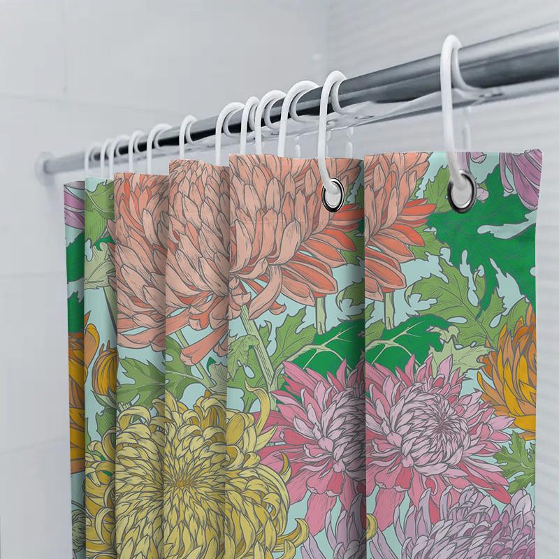 Floral Shower Curtain Bath Mat Decor With Chrysanthemum Design, Pink Yellow Green White Purple Colors, Waterproof Fabric For Bat