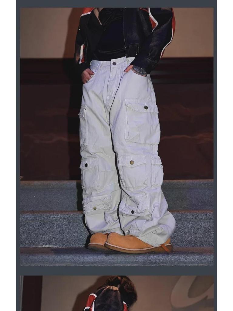 2024 Ami Khaki Retro Casual Unisex Overalls - Trendy Wide-Leg, Straight Pants with Multiple Pockets