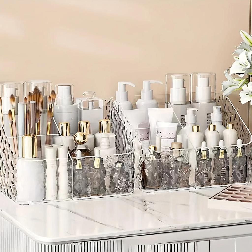 Akrylowy organizer na kosmetyki z 4 przegródkami, przezroczysty pojemnik na produkty do makijażu i pielęgnacji, pudełko na artykuły biurowe