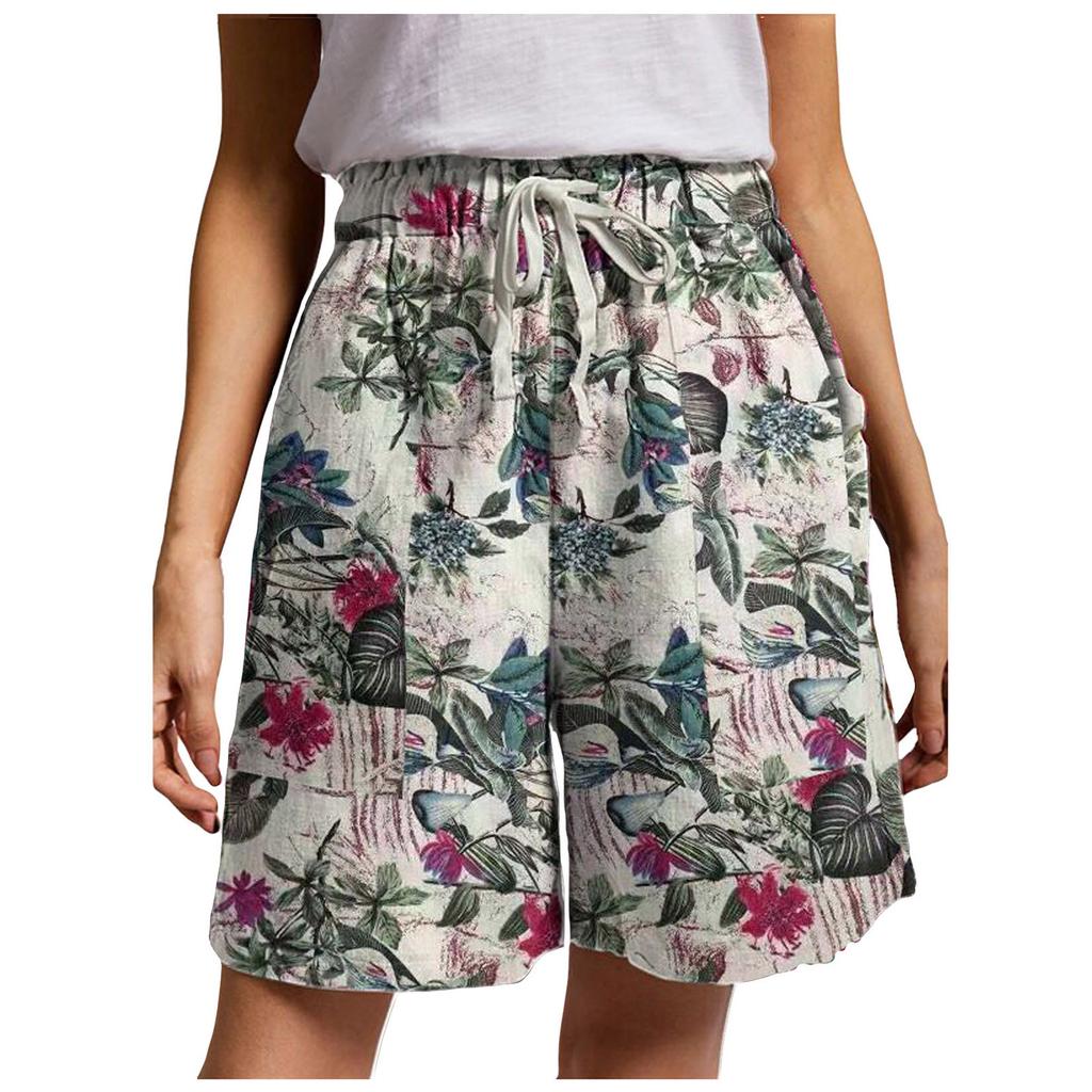 Pantaloni scurți casual de damă, cu talie elastică, cu șnur, cu imprimeu, buzunare, pantaloni scurți de vară din in