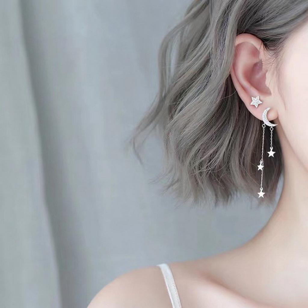Exquisite Zircon Star Moon Tassel Asymmetric Drop Earrings For Women Men Fashion Elegant Star Chain Fringe Earring Party Jewelry