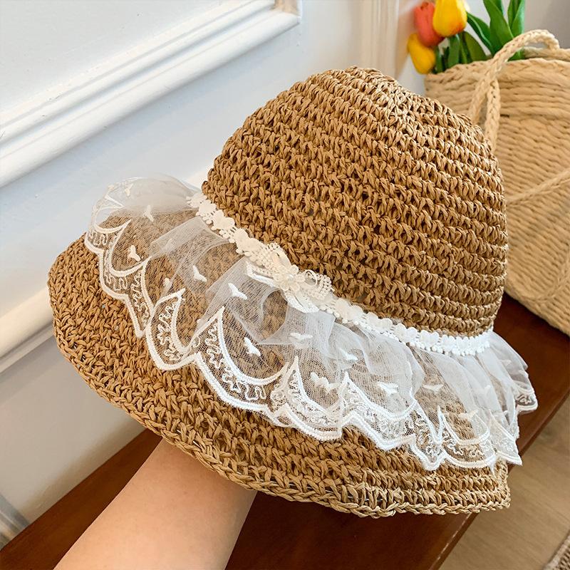 Pearl straw hat summer travel sunscreen sunshade bucket hat new straw seaside vacation net red hat