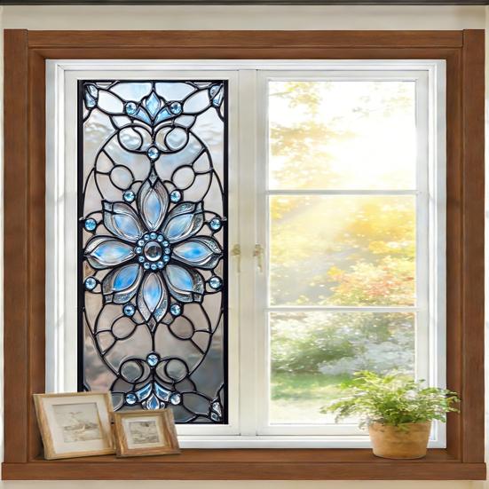 Window Privacy Film Sun Blocking Stained Glass Floral Window Decals Removable Static Clings