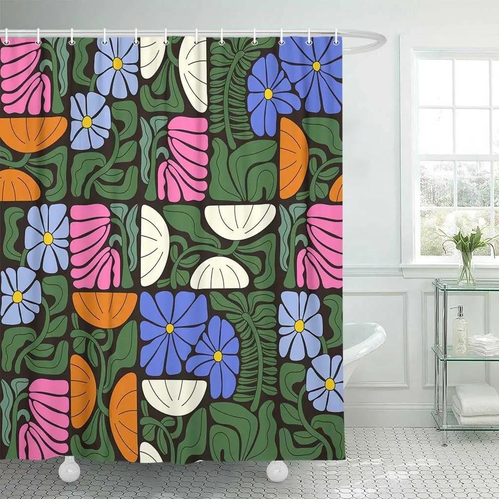 Retro Kwiat Roślina Geometryczna Estetyka Zasłona Prysznicowa Dekoracja Łazienki Abstrakcyjna Kolorowa Kwiatowa Zasłona Prysznicowa 180x180cm