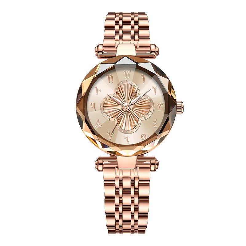 Orologio da Polso da Donna al Quarzo Quadrifoglio Vetro Sfaccettato Bracciale in Acciaio Inossidabile Orologio da Polso Moda Numeri Arabi Orologio Elegante