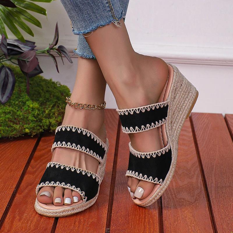 Fashion Vintage Embroidery Wedge Heel Sandals Women Summer Plus Size High Heels Rome Shoes Woman Lightweight Vacation Beach Slippers 43