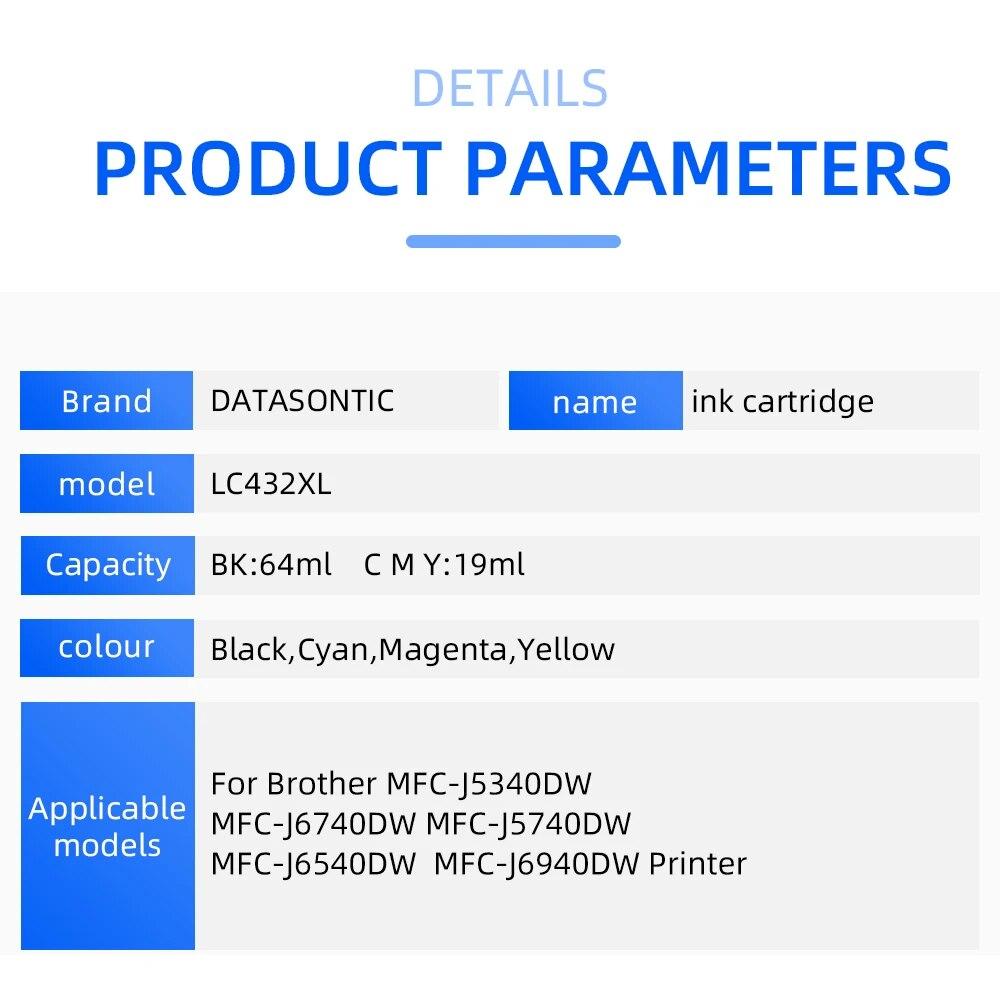 Compatible Ink Cartridges LC432XL Dye Containing Ink for Brother MFC-J5340DW MFC-J5740DW MFC-J6540DW MFC-J6740DW J6940DW Printer