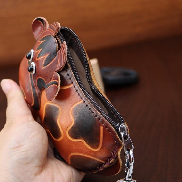 Praktische zweifarbige Leder Schlüsselanhänger Tasche Zubehör Gestaltet Mit Cartoon Rinderfigur Und Kratzfester Auskleidung