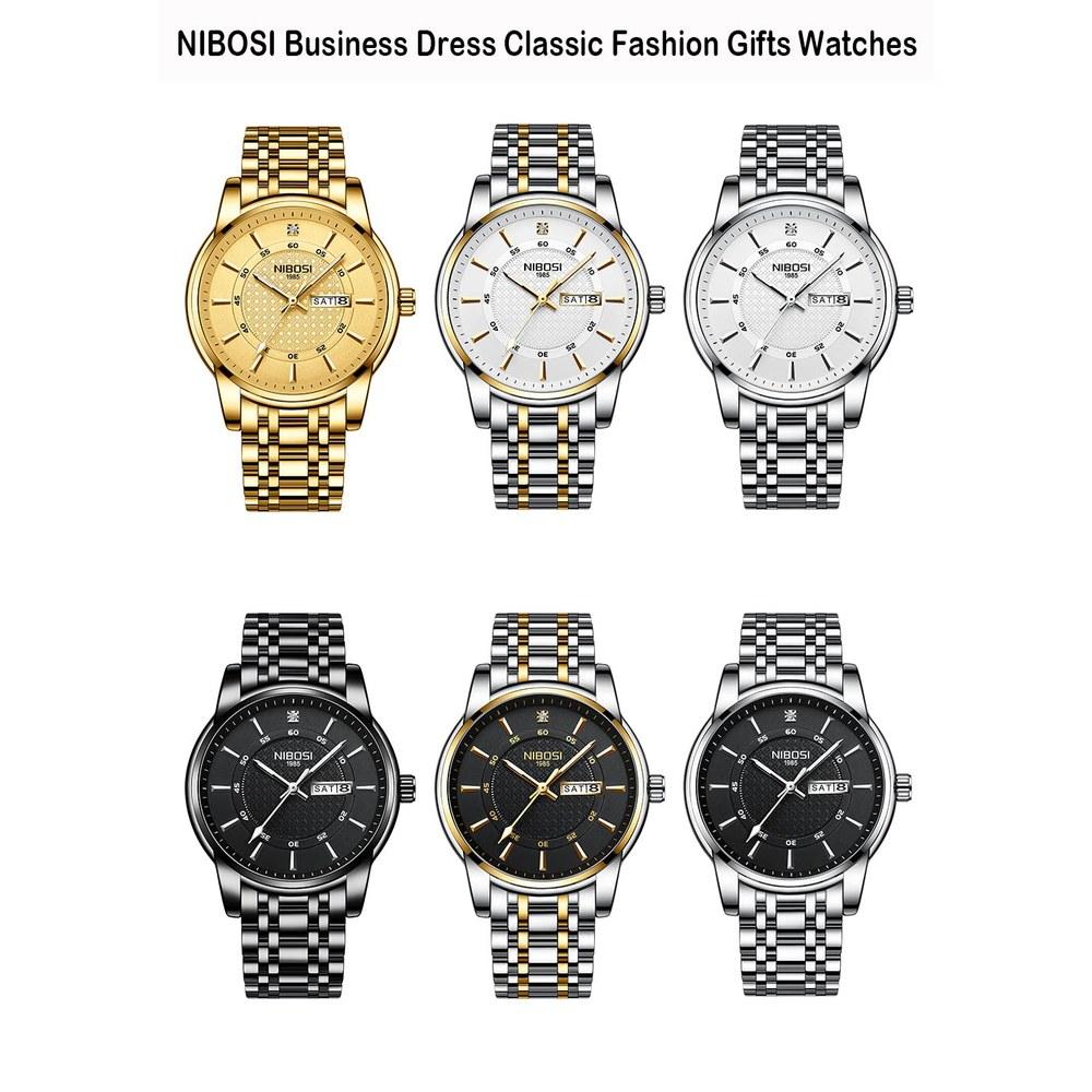NIBOSI Men's Classic Gold Stainless Steel Wristwatch Waterproof Analog Metal Band Casual Gift Date and Day Fluorescent Watch