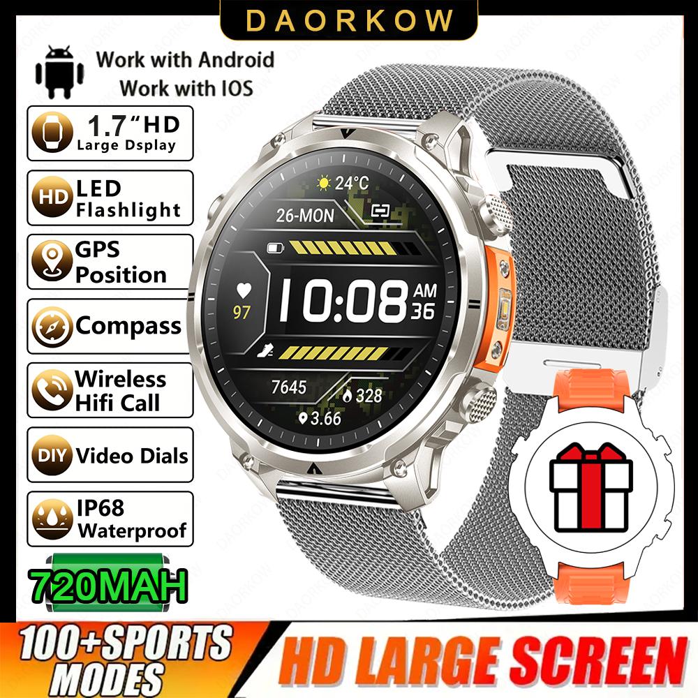 New Men GPS Smartwatch 1.7" HD Screen Military Call IP68 Waterproof 100 Sport Modes Smart Watch with 720mAh Large Battery