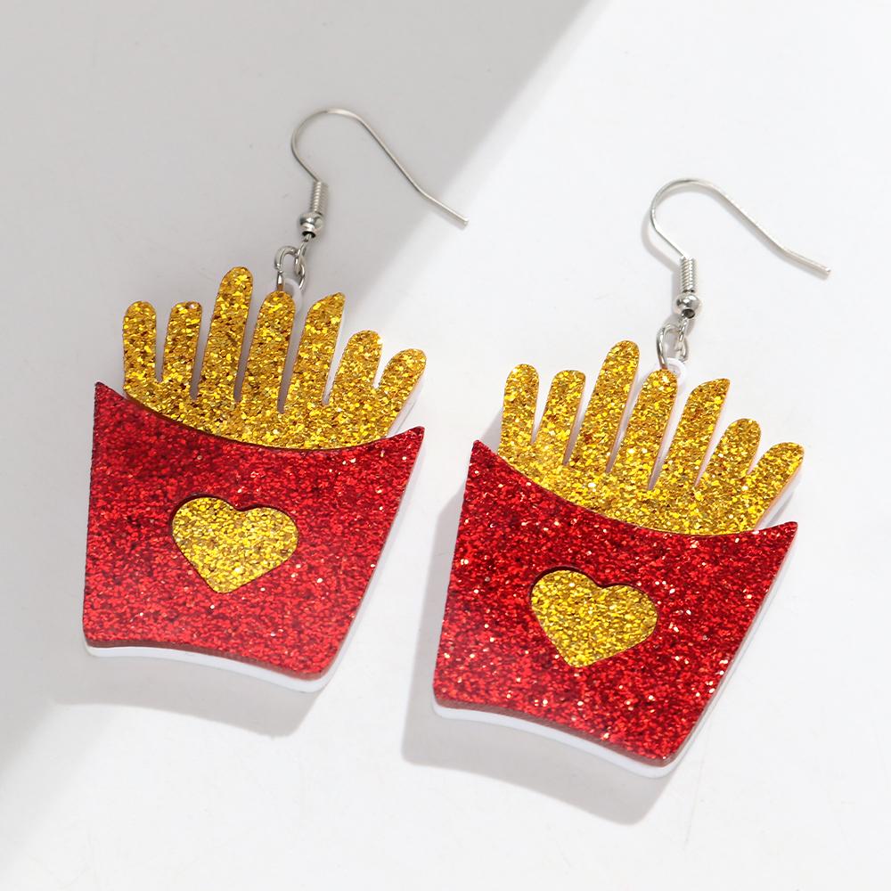 Funny Mirrored Acrylic Hamburger Drop Earrings for Women Fashion Glitter French Fries Food Dangle Earring Party Jewelry Gifts