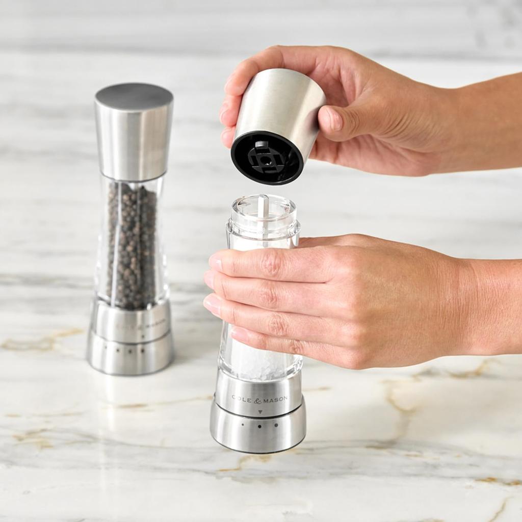 Cole & Mason Salt & Pepper Mill Gift Set, Derwent Stainless Steel & Acrylic, Premium Mill, British Brand, Seasoning Grinder