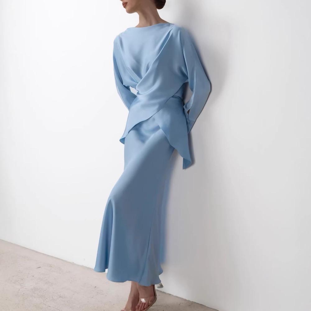 Women's Loose Skirt Suit Long Sleeve Blouse Elastic Waist Mermaid Skirt Satin Solid Elegant Two Piece Party Matching Set