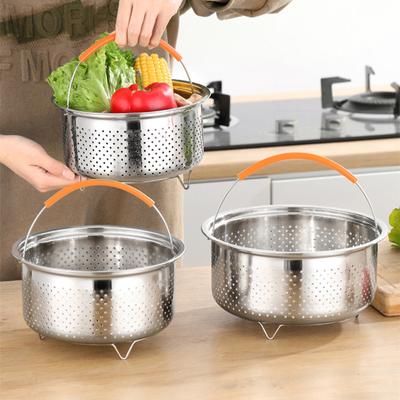 Kitchen Stainless Steel Food Steamer with Silicone Handle Rice Pressure Cooker Steaming Grid Fruit Drain Basket Cooking Utensils