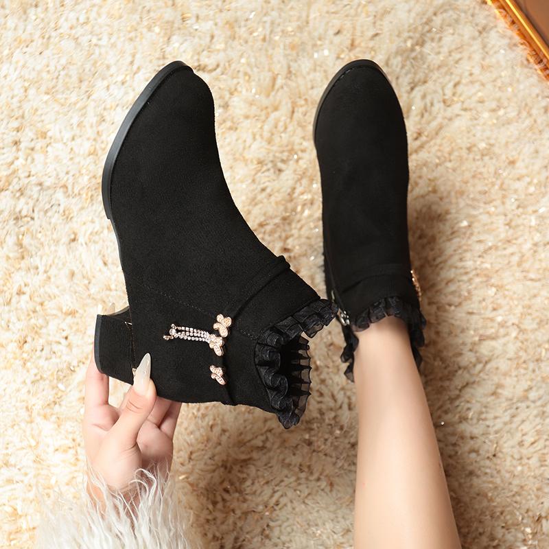 Fall Winter Faux Suede Short Boots Women Round Toe Thick Heel High Fleece Lined Warm Cotton Shoes Mid Low Heel Women