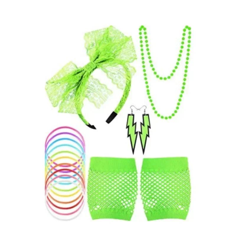 Halloween 80s Fancy Party Costume Set Lace Headband Neon Earrings Fingerless Fishnet Gloves Accessories Women Clothing Typical