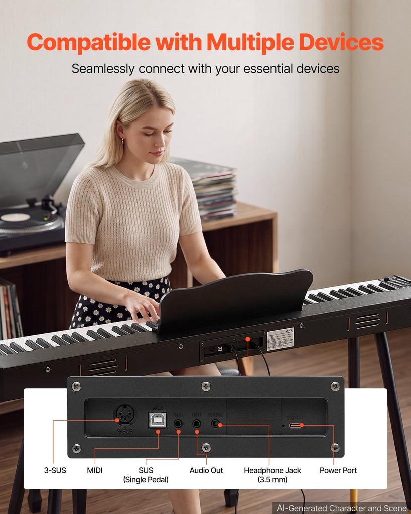 Digital Piano 88 Keys Semi Weighted Full Size Keyboard Stand Black, for Beginners, 600 Tones, 600 Rhythms, Electric Piano, with Sustain Pedal,