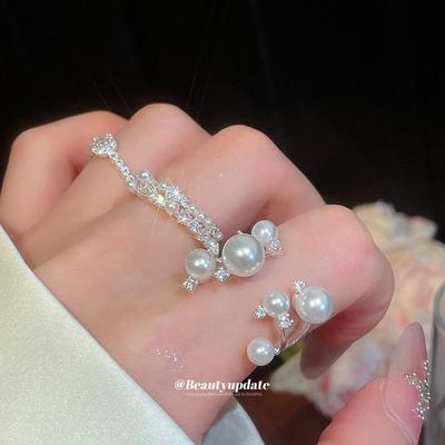 Elegant Double Layer Zircon Pearl Geometric Open Ring - Luxury Versatile Hand Jewelry