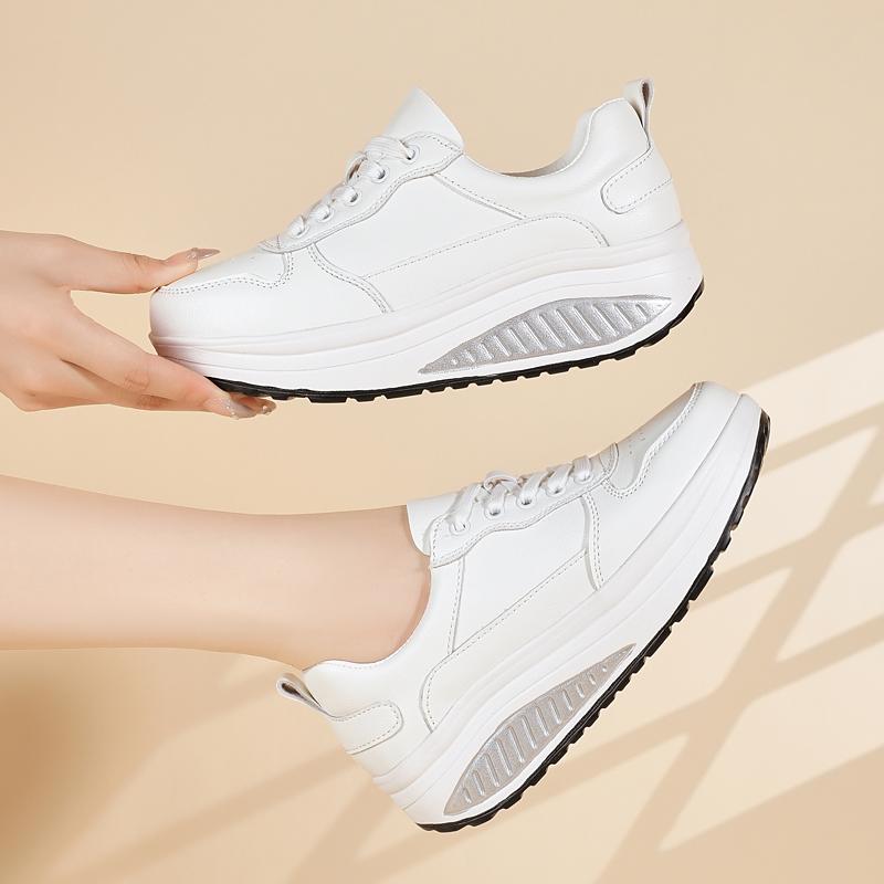 Women's Sneakers Height Increase White Leather Platform Casual Simple Thick Sole Elevator Shake Shoes