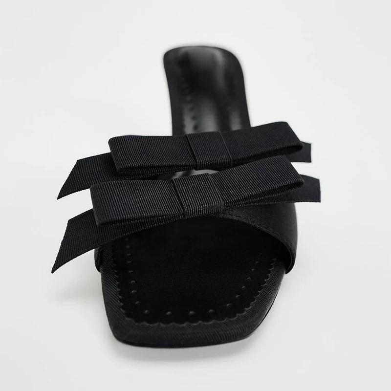 Fashion Summer New Square Head Thin Heels Open-toe Slippers Black Bow Temperament Fashion High-heeled Sandals To Wear Sandalias