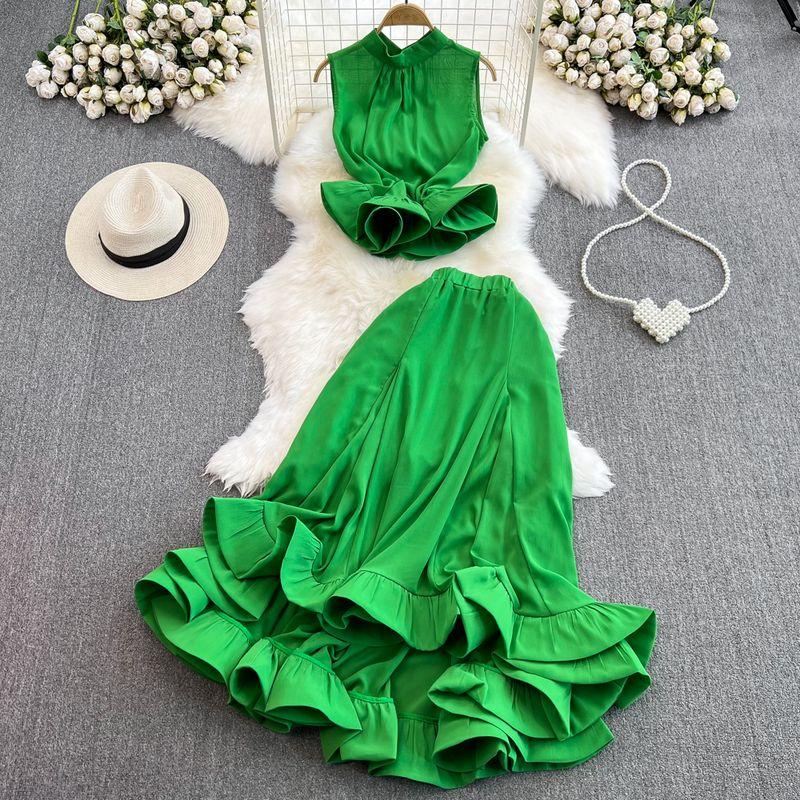 

Stand Collar Ruffled Fishtail Skirt Fashion Suit Green One size