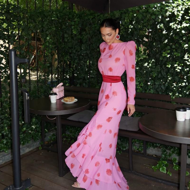 2026 Floral Print High-Waist Fitted Midi Dress With Ruffle Mermaid Hem Long Sleeves