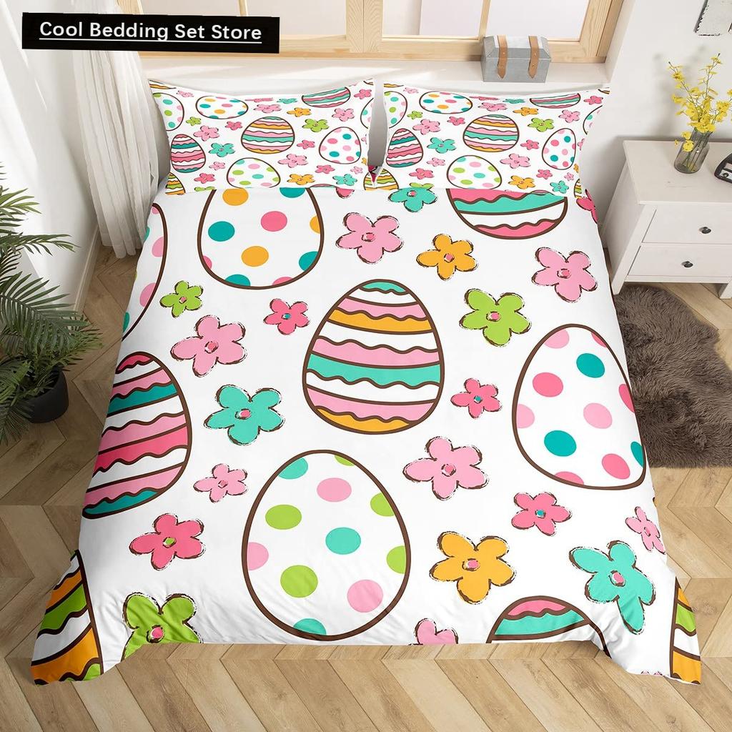 Watercolor Easter Eggs King Queen Bedding Set Happy Easter Themed Duvet Cover Toddlers Rainbow Easter Egg Polyester Quilt Cover