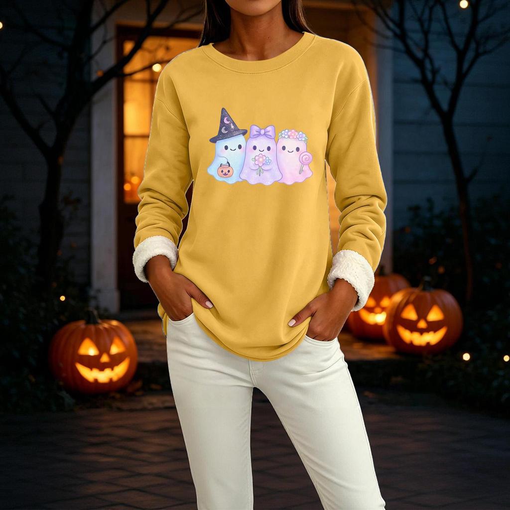 Women's Halloween Print -Lined Long Sleeve Round Neck Sweatshirt for Winter Casual Wear