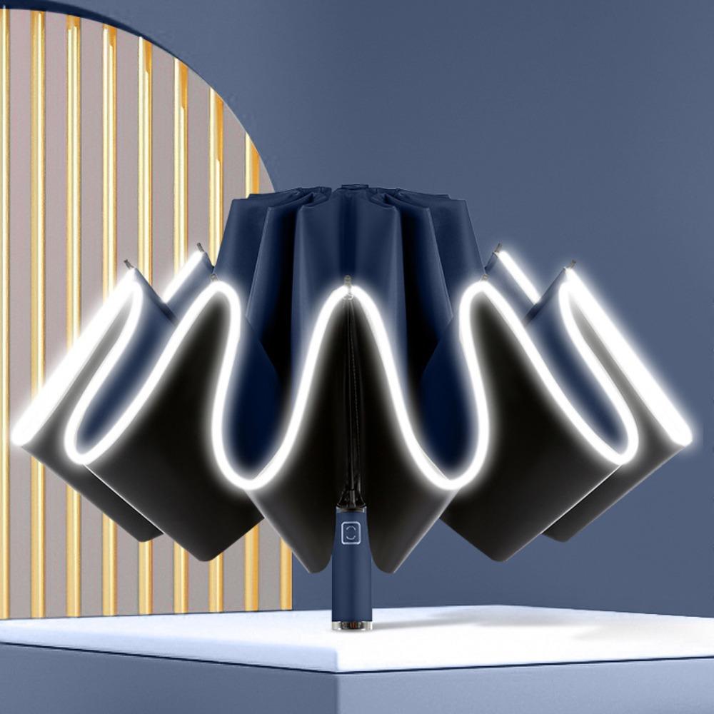 

Vinyl Automatic Umbrella Reflective Stripe Three Fold Umbrella Folding Umbrella for Outdoor темно-синього кольору