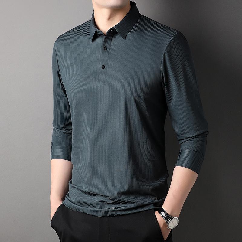 Autumn New Long-sleeved T-shirt Men's Middle-aged Casual Lapel Seamless Nylon Striped Polo Shirt