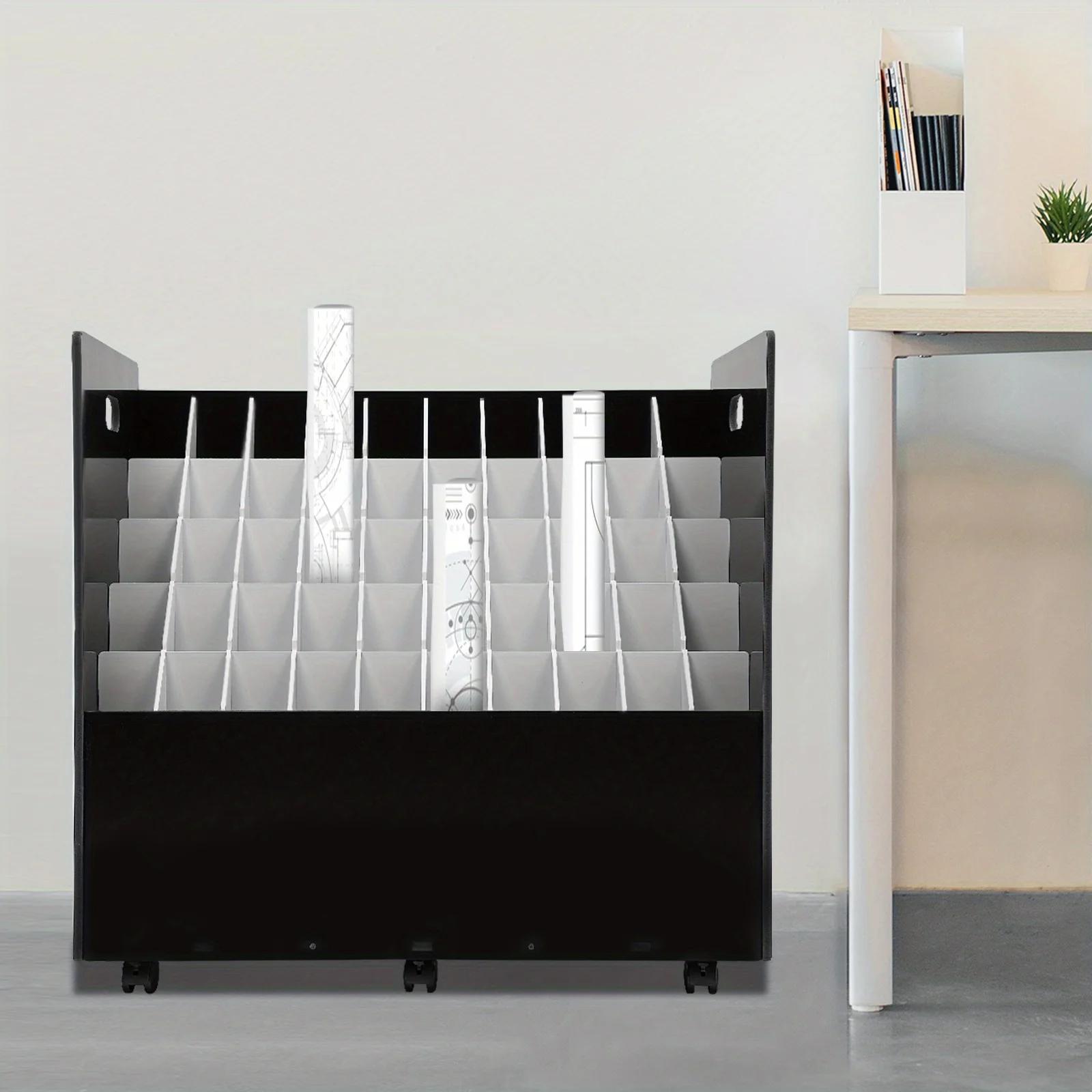 

Стойка для хранения рисунков/документов на 50 ячеек на колесах - черная, , высококачественная, используется в учебных комнатах, студиях, офисах, типографиях, United States