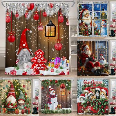 Winter Christmas Shower Curtains Town Street Snowman Snow Mountain Scenery New Year Xmas Home Bathroom Decor Bath Curtain Set