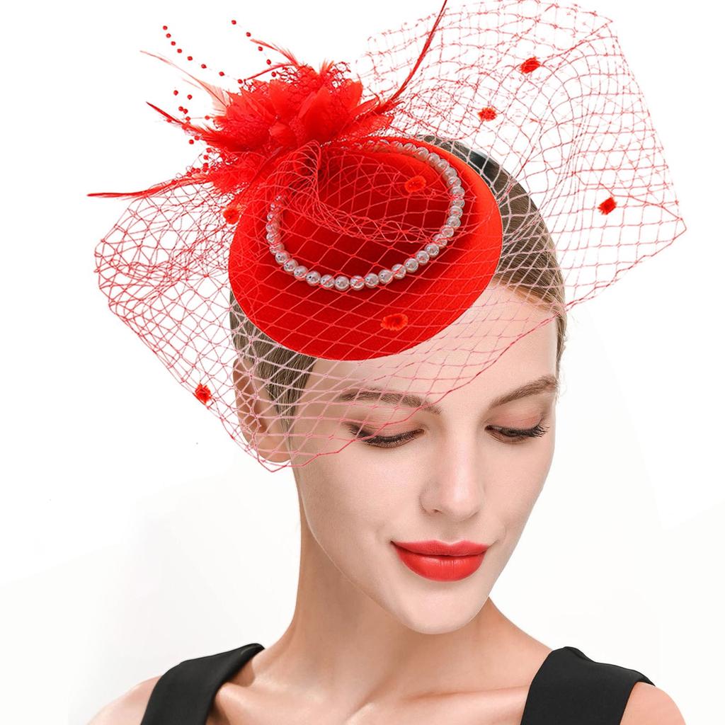 Women'S Head Flower Racing Ball Mesh Top Hat Feather Headwear Pearl Hair Accessories Fascinator Hats Tea Party Hat For Cocktail