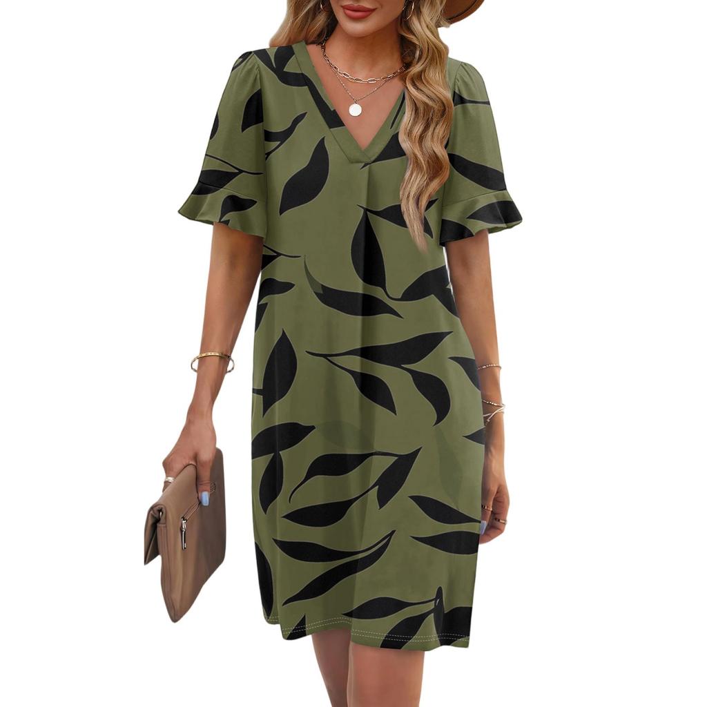 Women's Summer Floral Print Dress Pleated Short Sleeve V-Neck Pocket Casual Dress