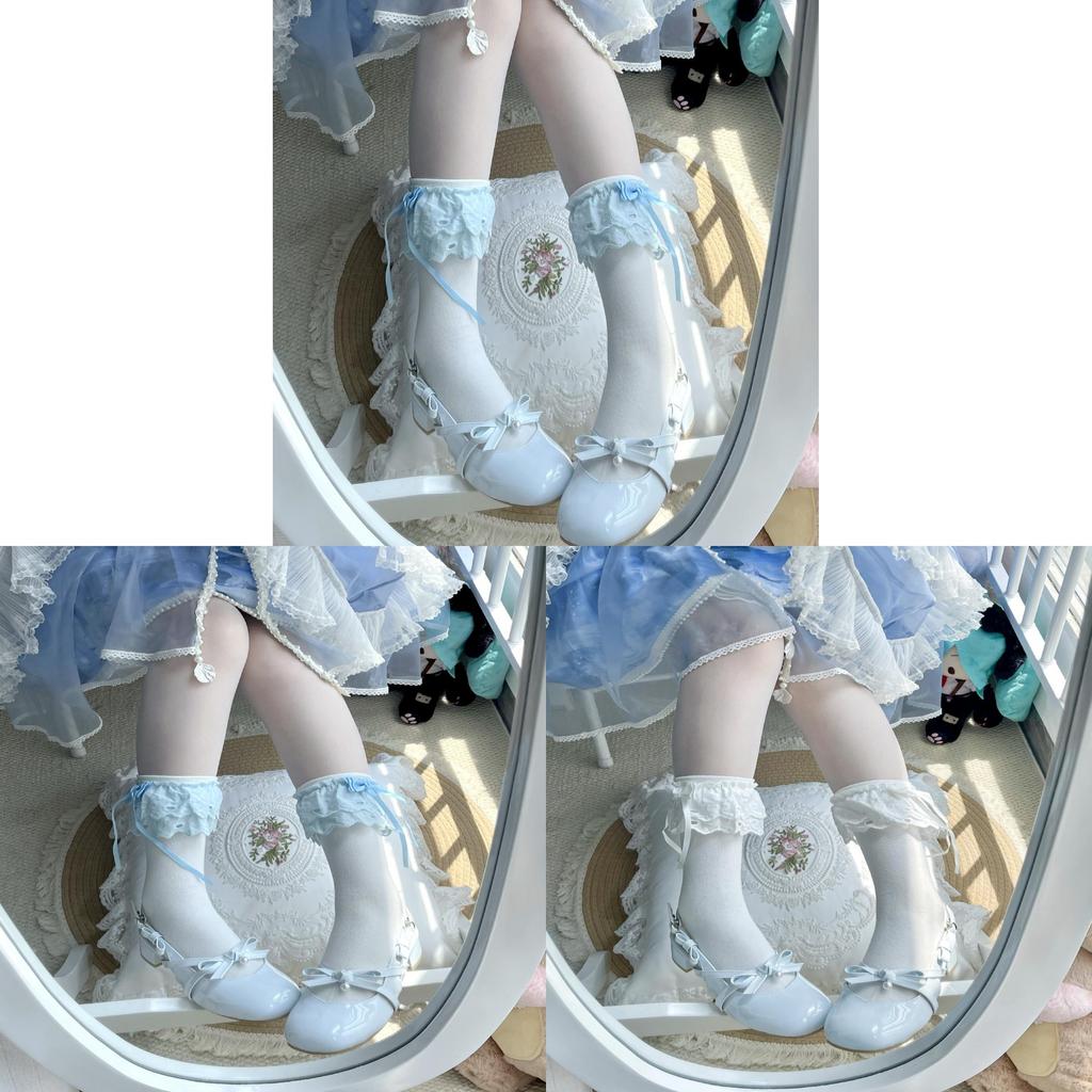 Chinese Style Lolita Cotton Kneehigh Socks With Lace And Bow For Women