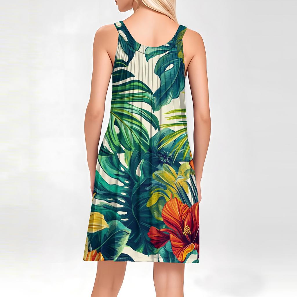 Ladies Fashion Beach Vest Casual Summer Hawaiian Print Dress With Pocket Straps