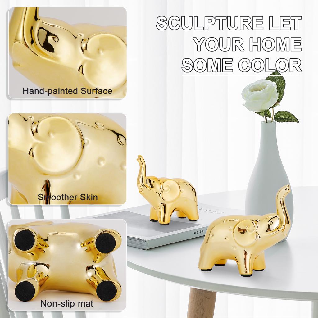 1 Pair Mini Ceramic Elephant Lucky Ornament Golden Silver Animal Sculpture Crafts Figurine Desktop Decoration Birthday Gift