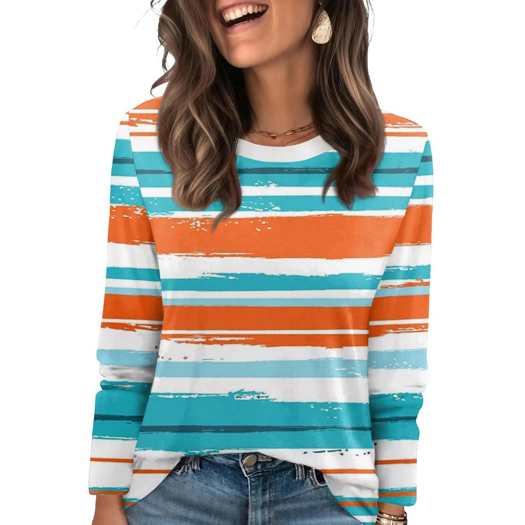 Ladies' Striped Printed Fashionable Casual Round Neck Long Sleeved Round Neck Top