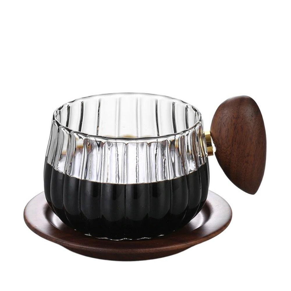 Modern Stripe Glass Coffee Mug Wooden Handle Heat-resistant Ribbed Tea Cup Wide Mouth Clear Cup and Plate Set Breakfast