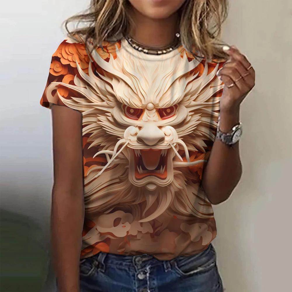 Chinese Loong 3D Digital Printing Women's Fashion Round Neck Short Sleeve T-shirt