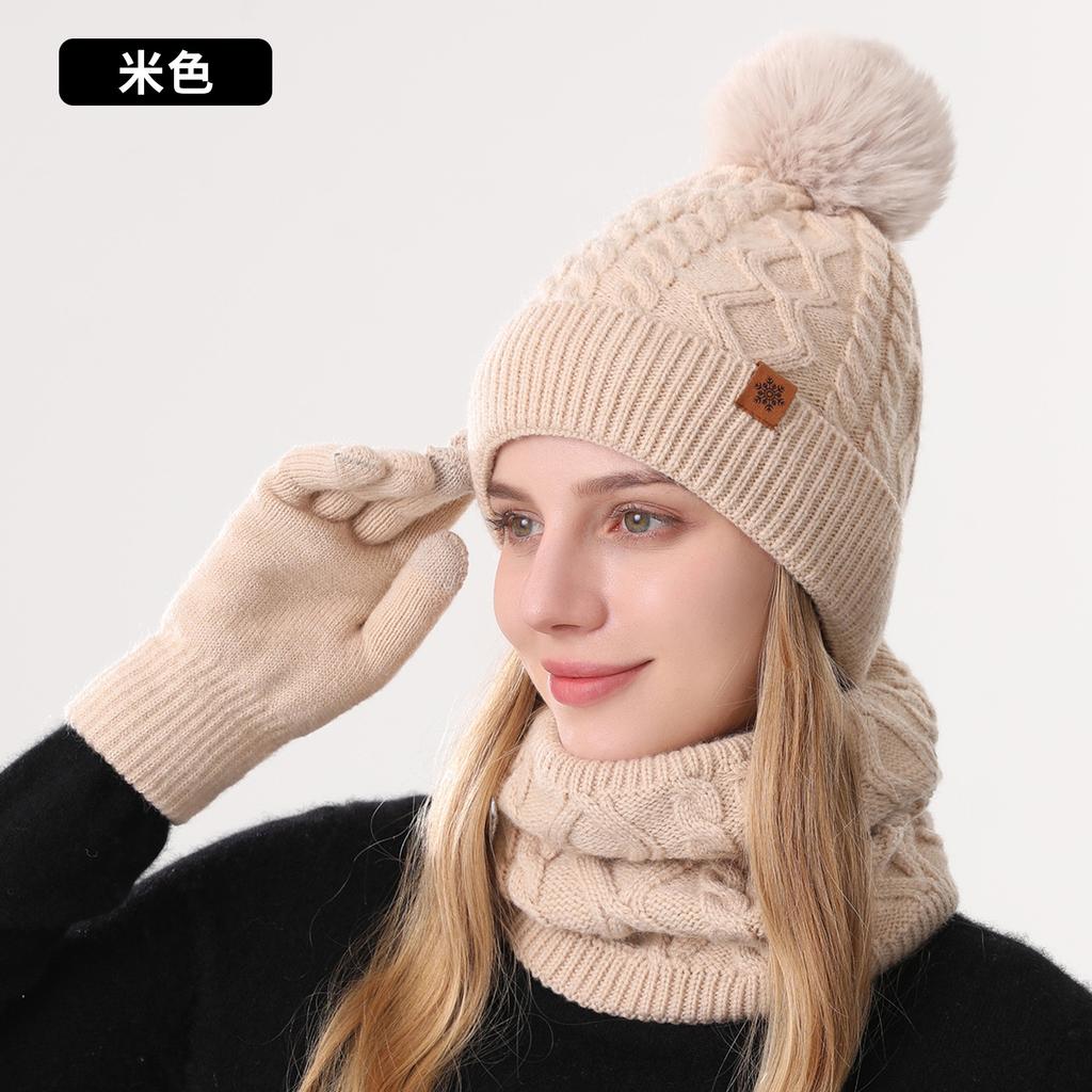 Hat, scarf and gloves three-piece set, winter outdoor riding scarf double-layer fleece and thicker, knitted hat